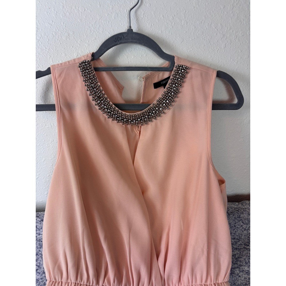 Forever 21 Mini Dress Women Small Peach Pink Beaded Neck Surplice Chiffon - Picture 2 of 8